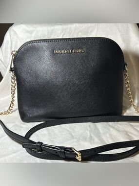 MICHAEL KORS Black Saffiano Crossbody with Gold Chain Trim